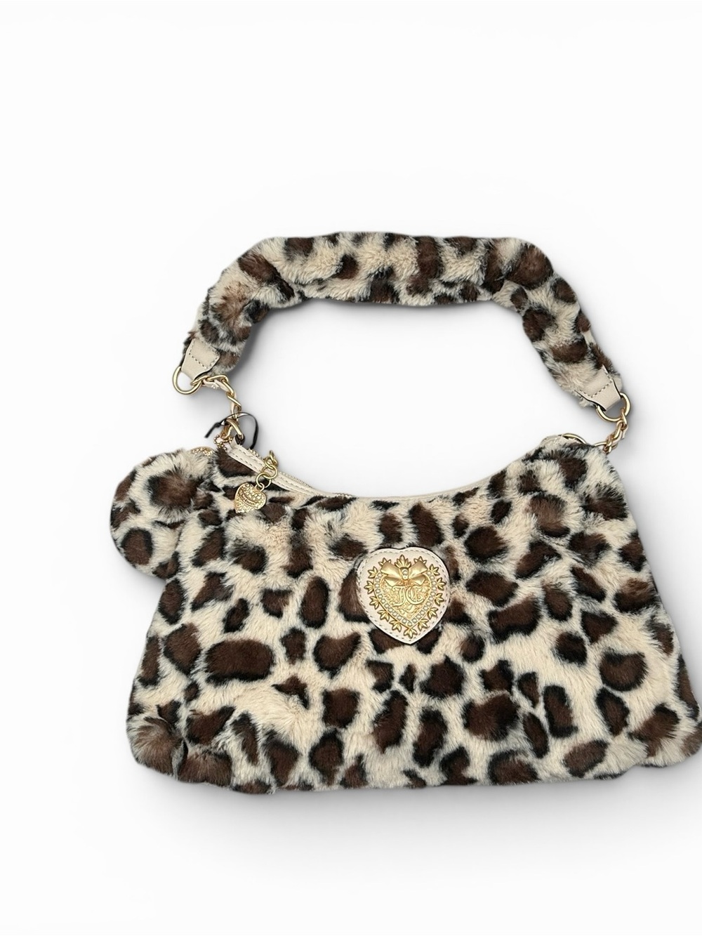 Leopard Faux Fur Shoulder Bag with Gold Heart Emblem